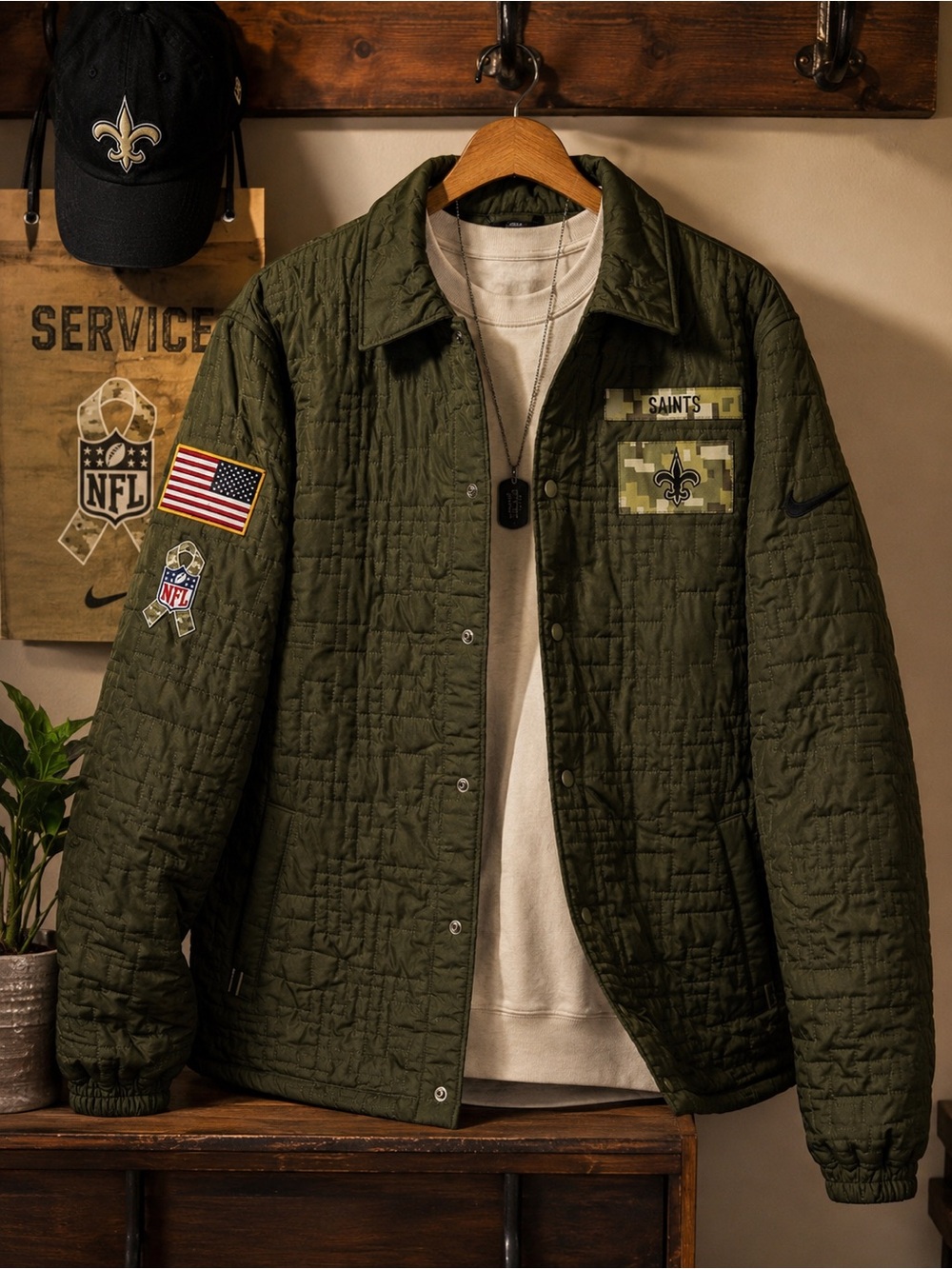Nike Saints Salute to Service Quilted Military Coach Jacket Olive Size Small